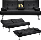 Yaheetech Convertible Sofa Bed Adjustable Couch Sleeper Modern Faux Leather Home Recliner Reversible Loveseat Folding Daybed Guest Bed, Removable Armrests, Cup Holders, 3 Angles, 772lb Capacity, Black