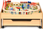 The dual-function wooden children's activity table with storage function, featuring 100 colorful components, tracks, trains, and cars, is a children's train table set suitable for children aged 3 and above. It has a flip-up tabletop and is a gift for