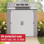Rubbermaid Resin Outdoor Storage Shed With Floor (7 x 7 Ft) Weather Resistant Gray Organization for Home/Backyard/Garden Tools/Lawn Mower/Bike Storage/Pool Supplies