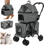 Double Dog Stroller for 2 Dogs, Detachable Carriers, Safety Belt, Lockable Wheels, Pet Travel Carrier Strolling Cart, Folding Cat Stroller for Small Medium Pets Dogs (Blue)