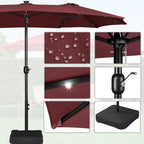 15 ft Large Patio Umbrella with Solar Lights Double-Sided Outdoor Rectangle Market Umbrellas with 36 LED Lights/Base Included/Easy Crank for Patio Garden Yard Pool Lawn, Brown