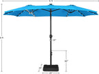 15 ft Large Patio Umbrella with Solar Lights Double-Sided Outdoor Rectangle Market Umbrellas with 36 LED Lights/Base Included/Easy Crank for Patio Garden Yard Pool Lawn, Brown