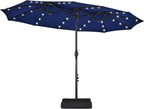 15 ft Large Patio Umbrella with Solar Lights Double-Sided Outdoor Rectangle Market Umbrellas with 36 LED Lights/Base Included/Easy Crank for Patio Garden Yard Pool Lawn, Brown