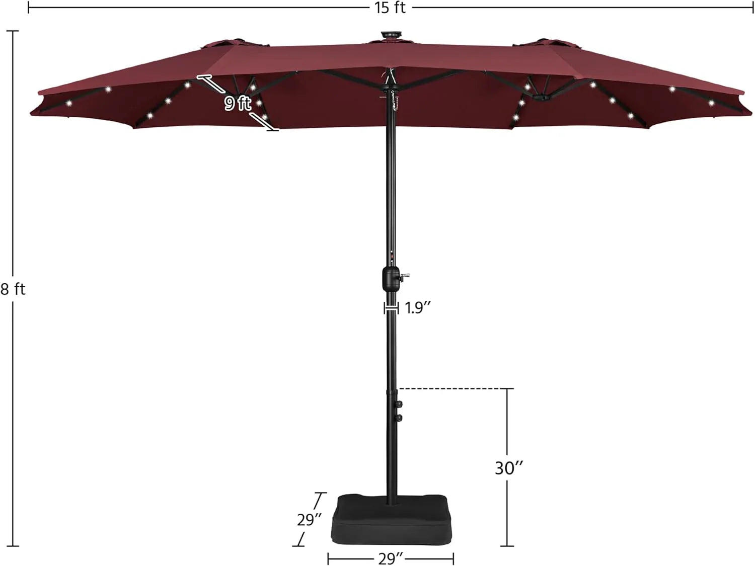 15 ft Large Patio Umbrella with Solar Lights Double-Sided Outdoor Rectangle Market Umbrellas with 36 LED Lights/Base Included/Easy Crank for Patio Garden Yard Pool Lawn, Brown