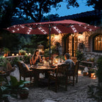 15 ft Large Patio Umbrella with Solar Lights Double-Sided Outdoor Rectangle Market Umbrellas with 36 LED Lights/Base Included/Easy Crank for Patio Garden Yard Pool Lawn, Brown