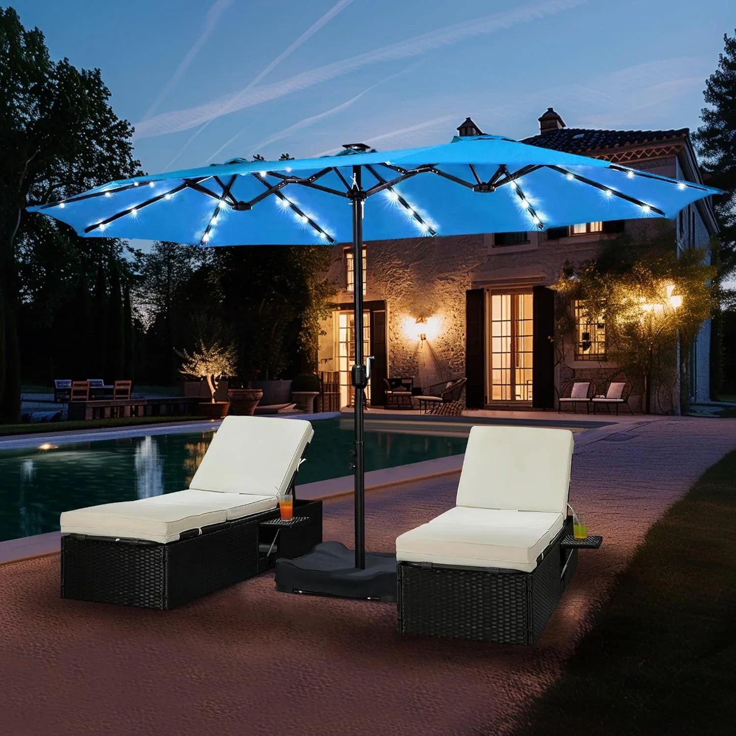 15 ft Large Patio Umbrella with Solar Lights Double-Sided Outdoor Rectangle Market Umbrellas with 36 LED Lights/Base Included/Easy Crank for Patio Garden Yard Pool Lawn, Brown