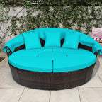 Outdoor daybed, rattan round daybed with sunshade canopy, patio set with cushions and adjustable coffee table, rattan patio furniture, suitable for backyard terraces, porches, and poolside (green color)