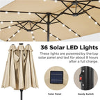 15 ft Large Patio Umbrella with Solar Lights Double-Sided Outdoor Rectangle Market Umbrellas with 36 LED Lights/Base Included/Easy Crank for Patio Garden Yard Pool Lawn, Brown