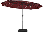 15 ft Large Patio Umbrella with Solar Lights Double-Sided Outdoor Rectangle Market Umbrellas with 36 LED Lights/Base Included/Easy Crank for Patio Garden Yard Pool Lawn, Brown