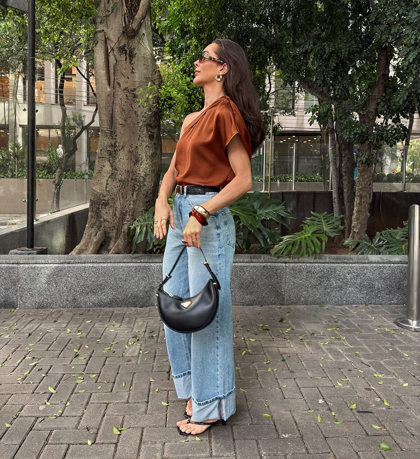 Women’s Irregular Collar Matte Satin Fashion Top – Elegant Short Sleeve Pullover Blouse