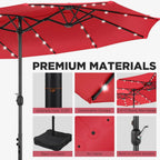 15 ft Large Patio Umbrella with Solar Lights Double-Sided Outdoor Rectangle Market Umbrellas with 36 LED Lights/Base Included/Easy Crank for Patio Garden Yard Pool Lawn, Brown