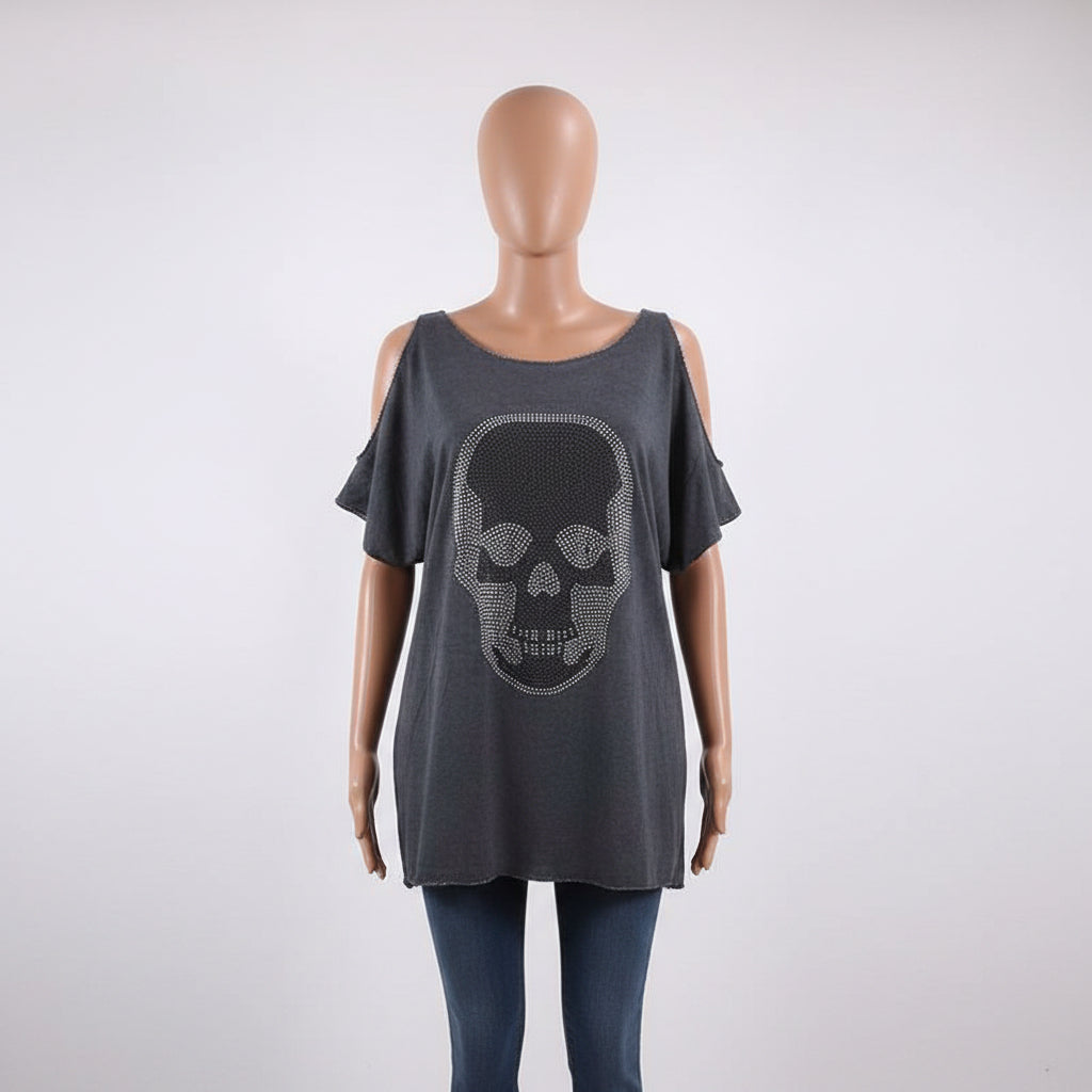 Gray oversized shirt with a skull design on a mannequin against a white background