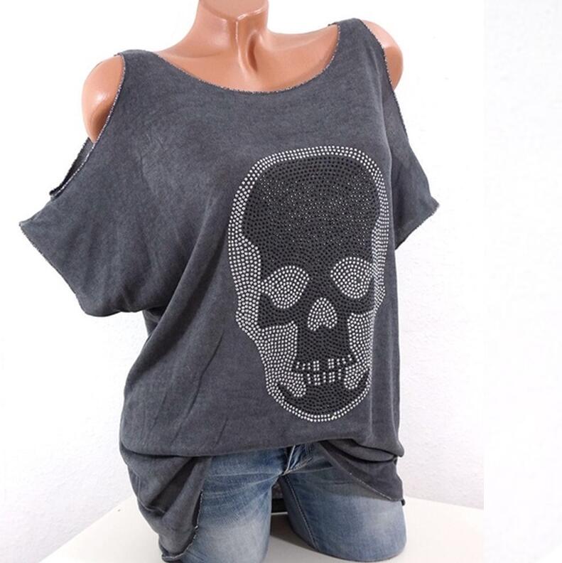 Gray oversized shirt with a skull design on a mannequin against a white background