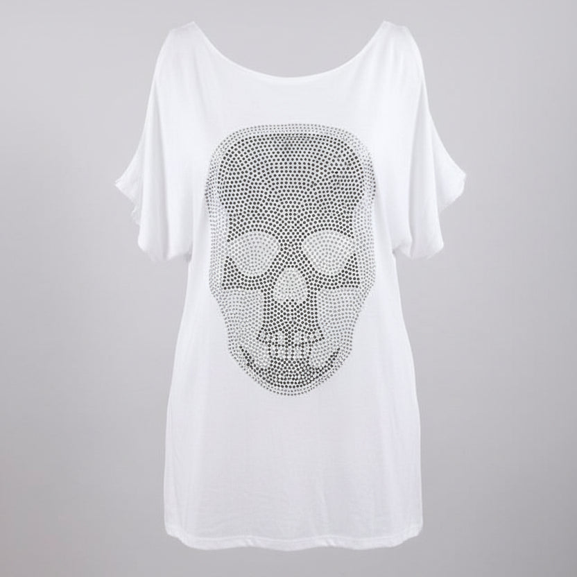 White off-shoulder top with a skull design on a white background