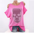Pink oversized shirt with a skull design on a mannequin against a white background