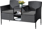 Flamaker Outdoor Furniture Patio Loveseat Wicker 2-Seat with Built-in Table and Cushions Rattan Porch Chairs Bench for Balcony, Lawn, Backyard (Beige)