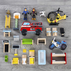 Wooden play set, 3 levels, with 26 accessories, folds for storage