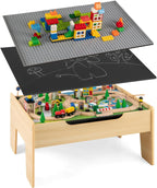 The dual-function wooden children's activity table with storage function, featuring 100 colorful components, tracks, trains, and cars, is a children's train table set suitable for children aged 3 and above. It has a flip-up tabletop and is a gift for
