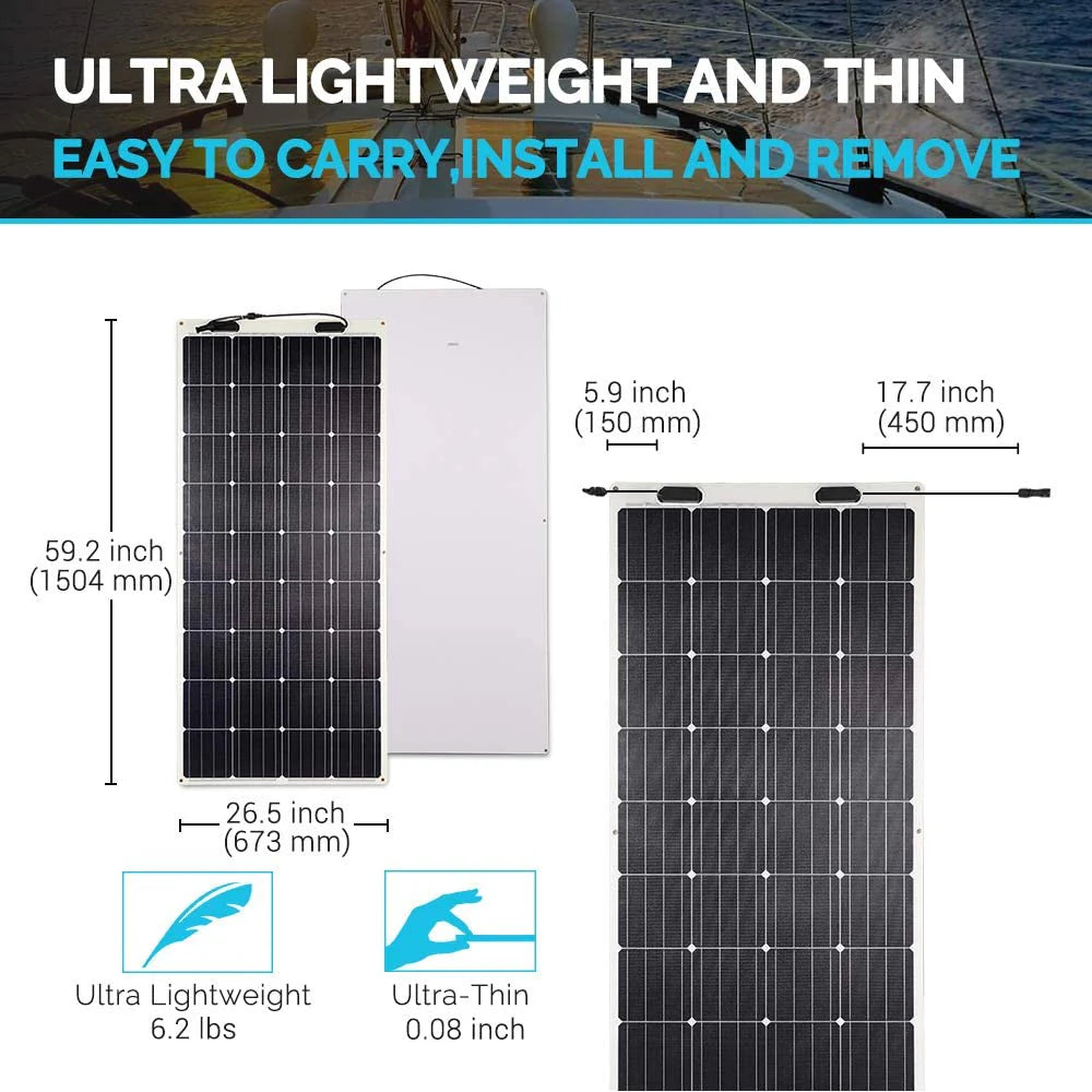 160 Watt 12 Volt Extremely Flexible Monocrystalline Solar Panel �� Ultra Lightweight, Ultra Thin, Up to 248 Degree Arc, for RV, Boats, Roofs, Uneven Surfaces