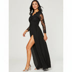 Woman wearing a black lace dress with a slit on a white background