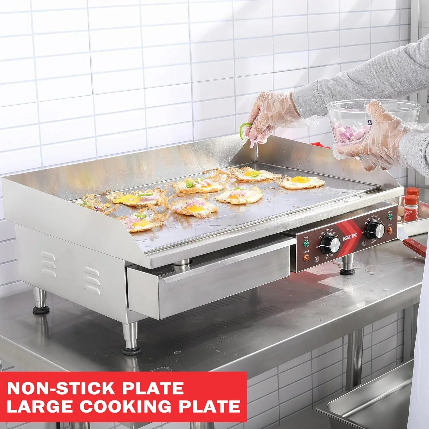 14 Inch Electric Griddle, Non-Stick Flat Top Grill Commercial Electric Countertop Griddles Stainless Steel Adjustable Temperature Control 90掳F-575掳F for Home or Restaurant Use