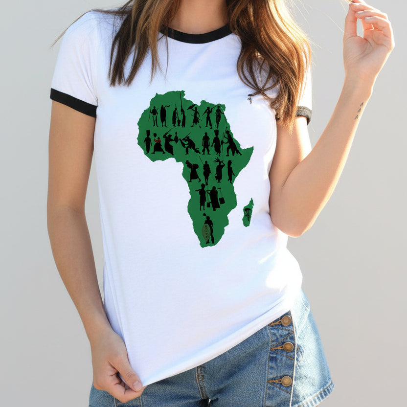 Person wearing a white t-shirt with a green map of Africa design, standing against a colorful wall.