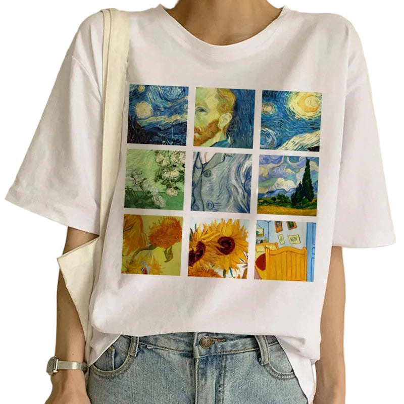 White t-shirt with Van Gogh artwork prints worn by a person.