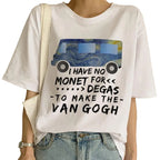 White t-shirt with Van Gogh painting reference and humorous text, worn by a person.