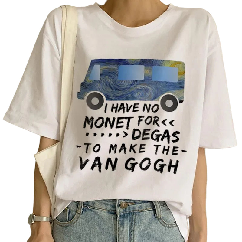 White t-shirt with Van Gogh painting reference and humorous text, worn by a person.