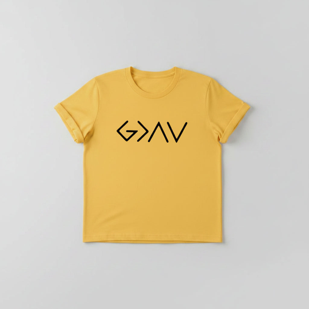 Yellow t-shirt with 'G>AV' design, paired with yellow sneakers and jeans on a wooden surface.