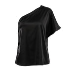 Black one-shoulder top on a white background