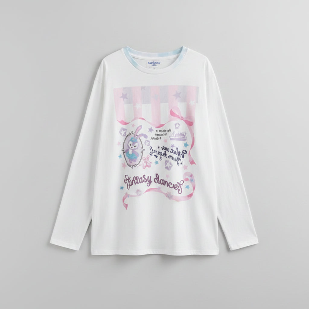 White shirt with pink graphics and text worn by a person, against a neutral background