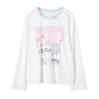 White long-sleeve shirt with colorful graphics and text on a white background