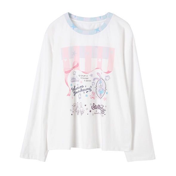 White long-sleeve shirt with colorful graphics and text on a white background