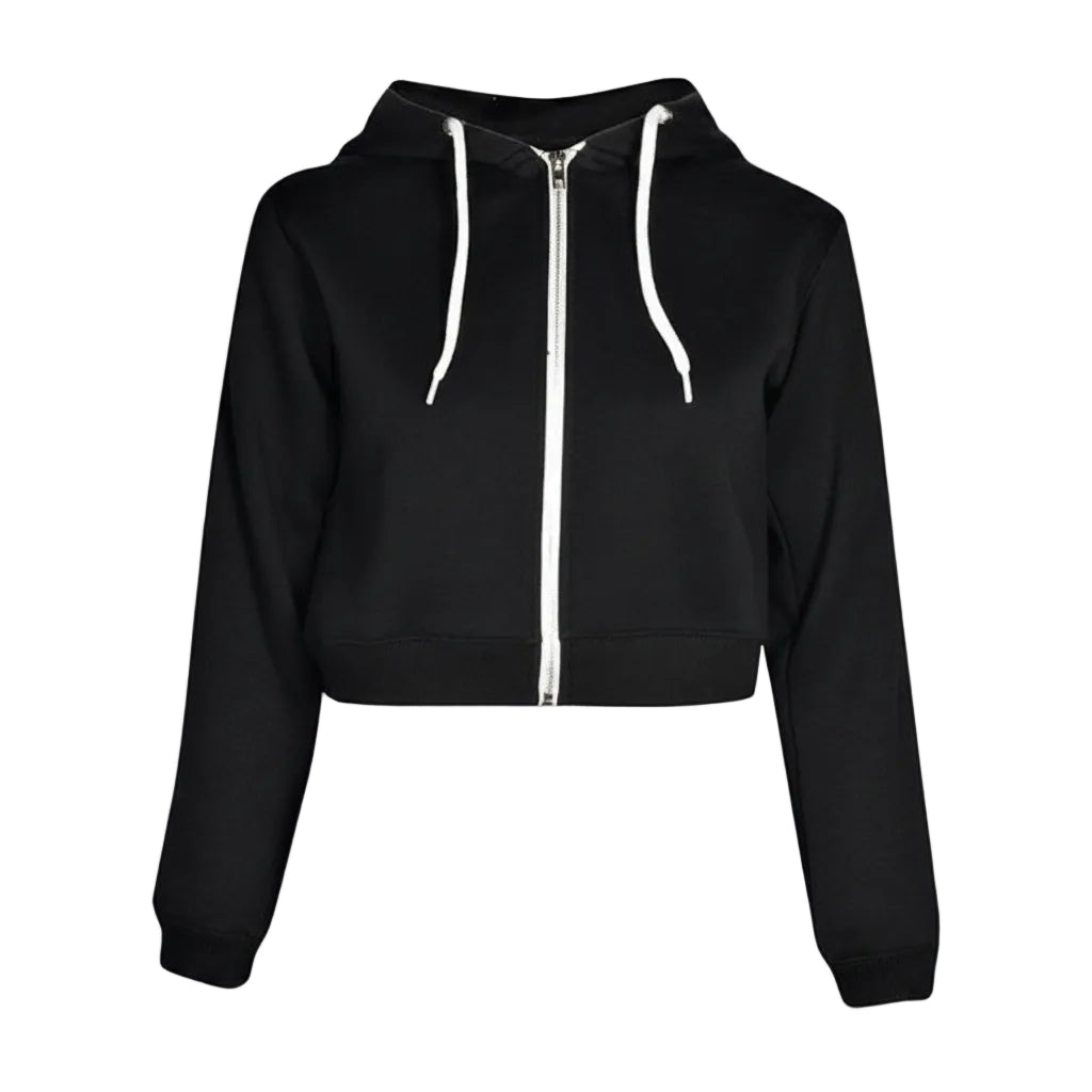 Black hoodie with a white zipper on a white background