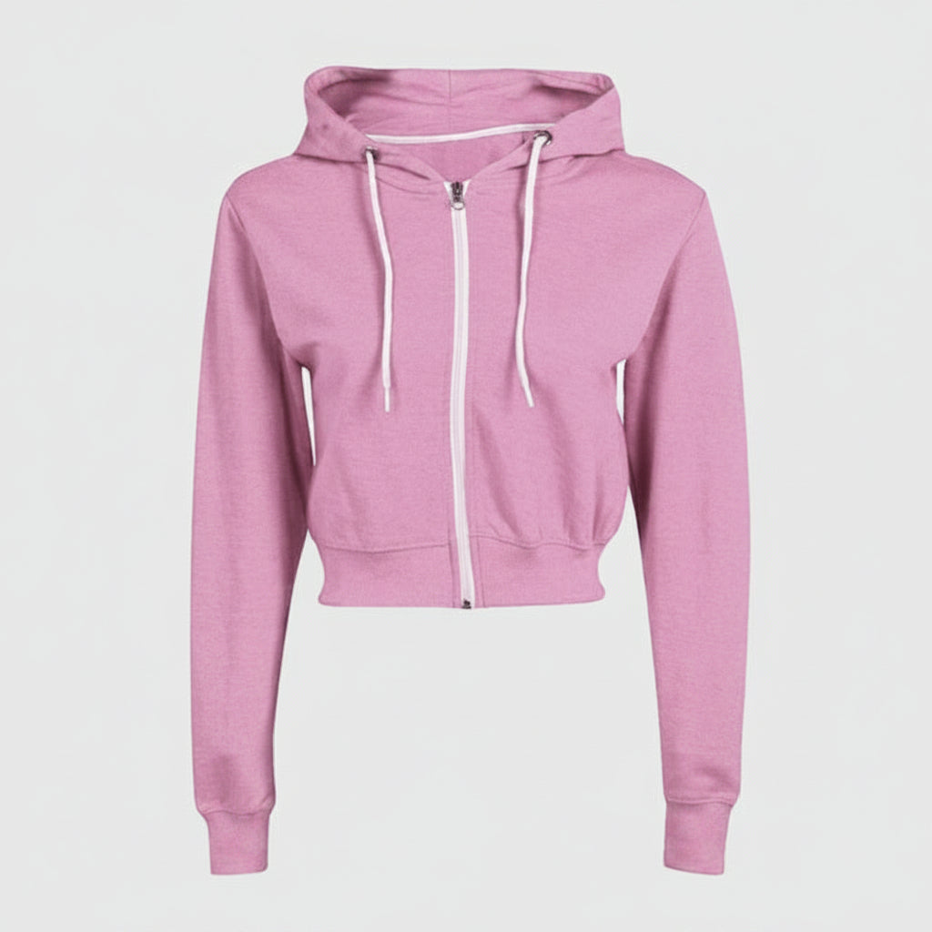 Pink hoodie with a white zipper on a white background
