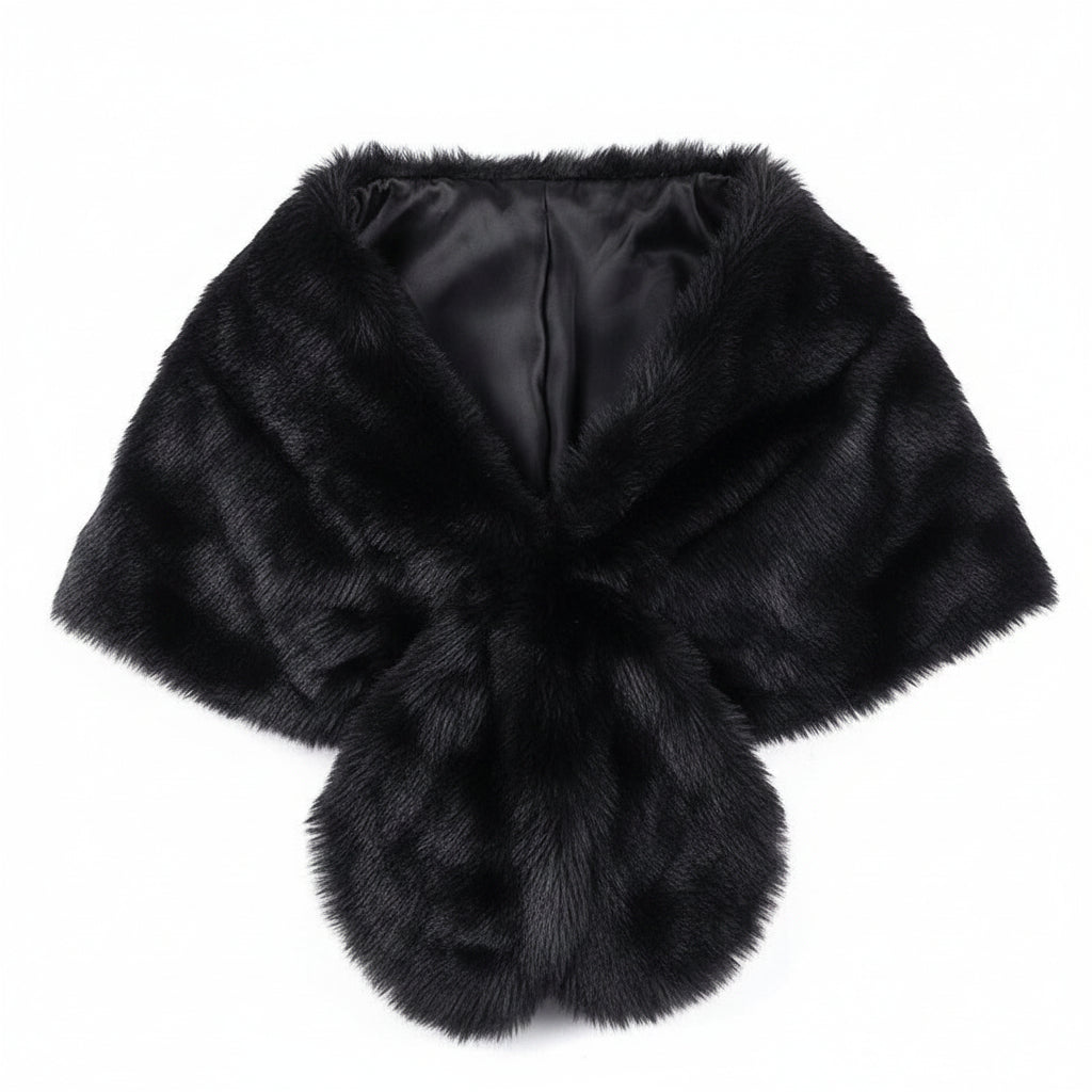 Black faux fur shrug on a white background
