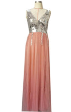 Long dress with sequined top and pink skirt on a mannequin against a white background